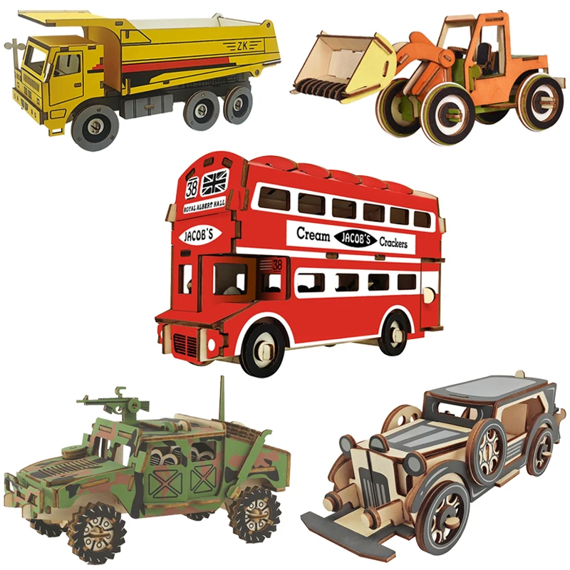 

Car Puzzles 3D Wooden Double-Decker Bus Model DIY Wood Jigsaw Educational Toys For Children Boys Kids Gift Fire Truck