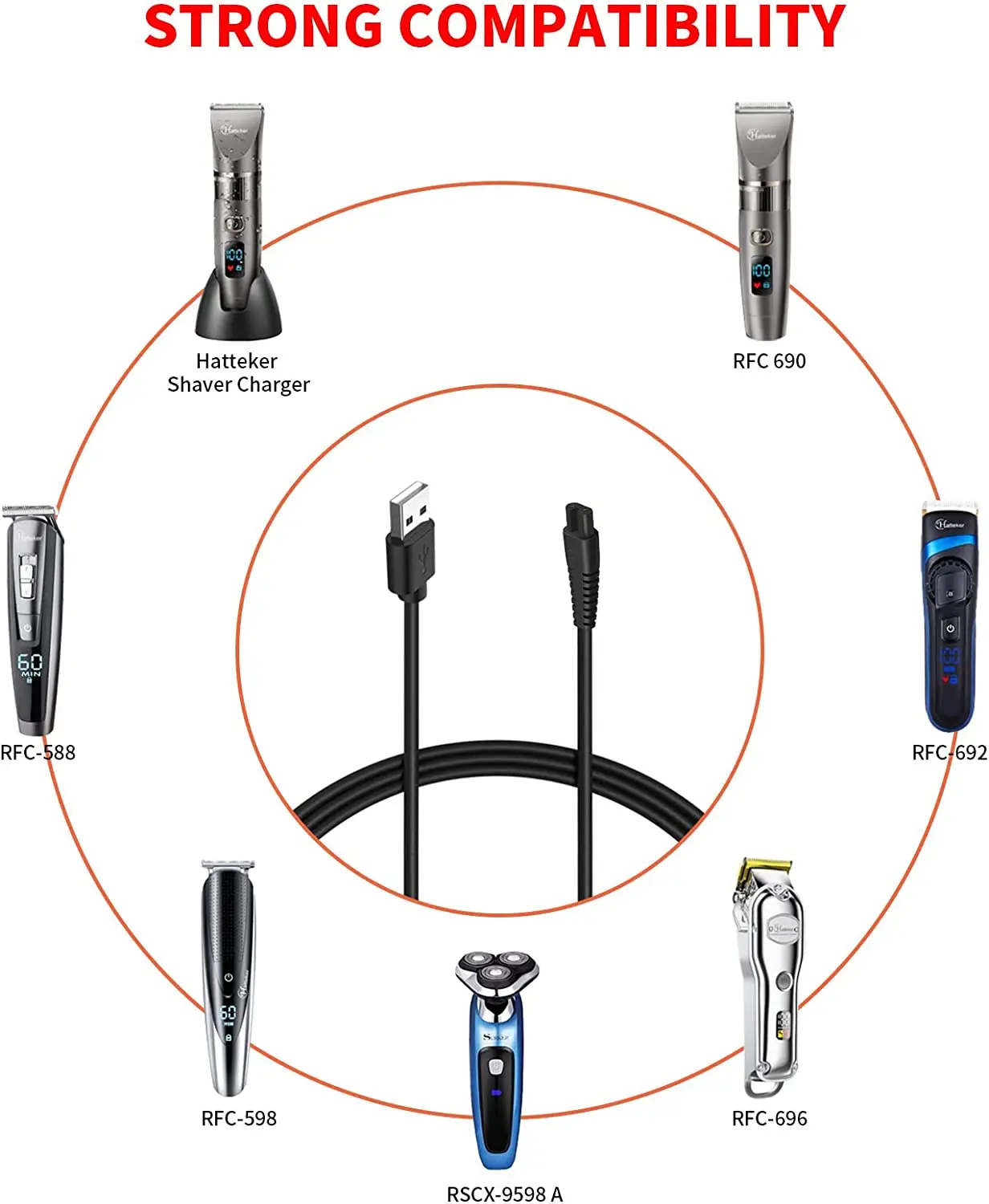 USB Charger Cord Compatible with Hatteker Hair Clipper Beard Trimmer Grooming RFC-588 RFC-598 RFC-692 for Men Cordless Razor Rep charging cable,usb charging cable,shaver charger