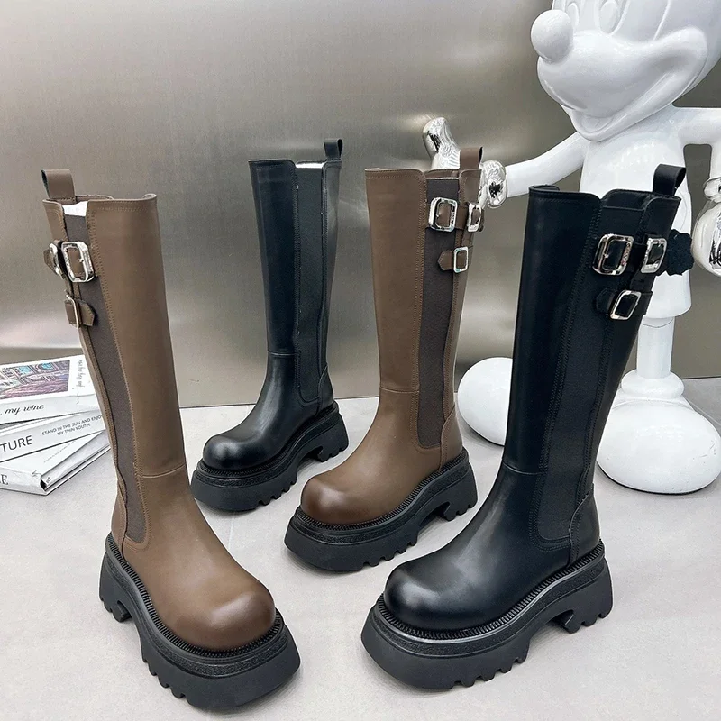 

Winter Women Knight Boots Fashion Belt Buckle Ladies Elegant Platform Flats Long Booties Street Style Women's Booties