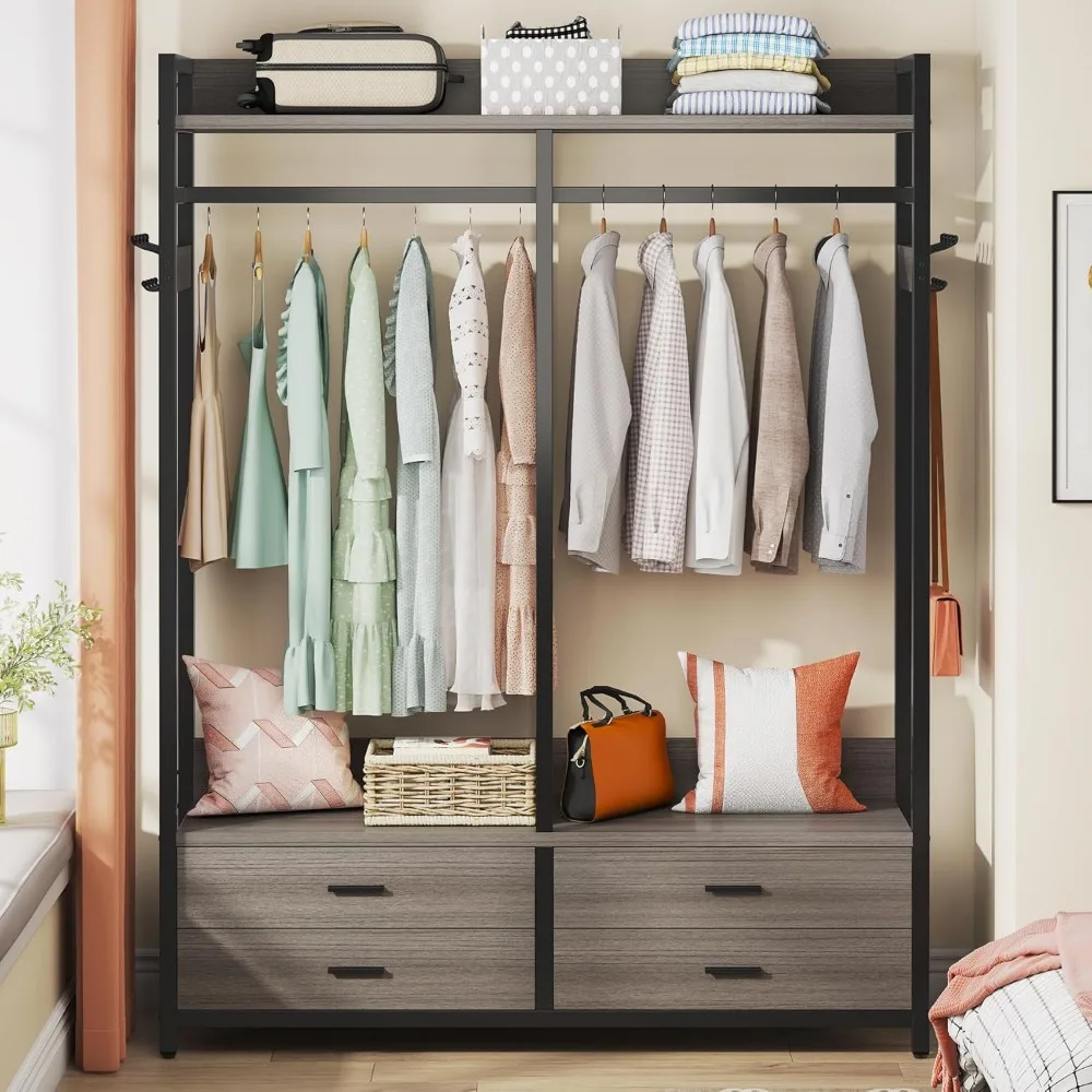 Freestanding Closet Organizer for Hanging Clothes, Heavy Duty Garment Rack with 4 Drawers, 8 Hooks and Storage Shelves, Wardrob 3