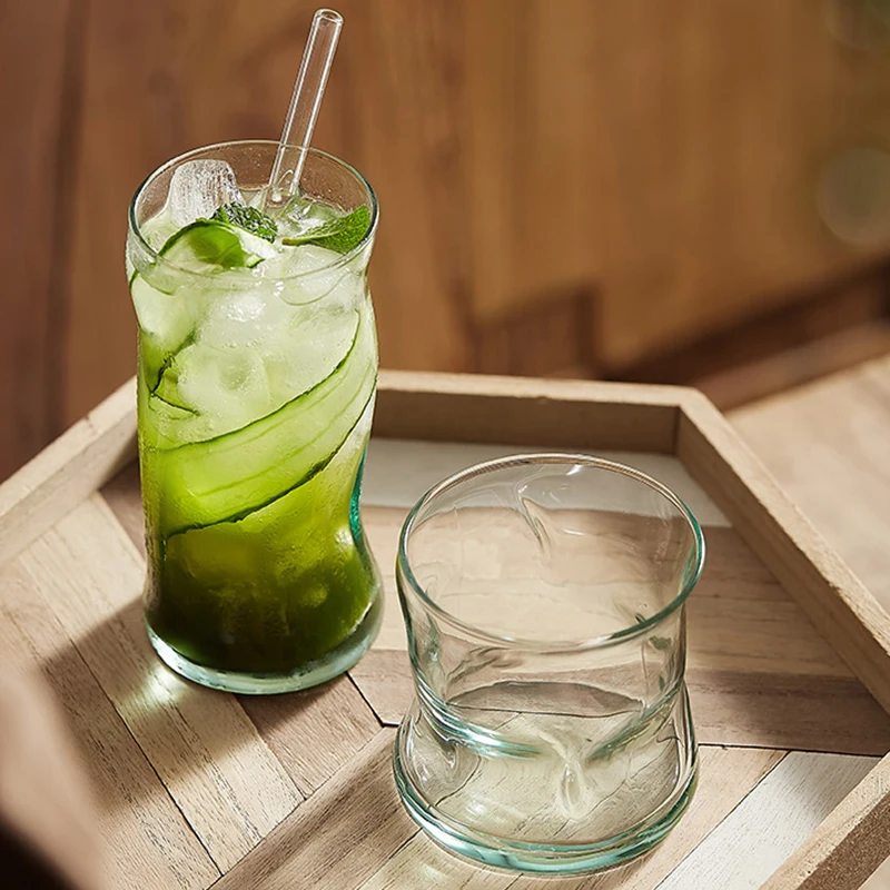 2PCS Green Wavy Glass Beverage Drinking Tumblers Colored Glass Home Coffee Juice Water Cup ,Clear/Turquoise Gradient,12-14oz