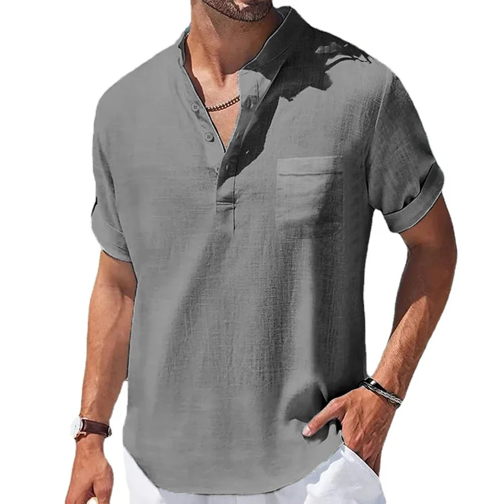 T-shirt à manches courtes en coton et lin pour hommes, col Henry, chemises décontractées, vêtements pour hommes, été, nouveau