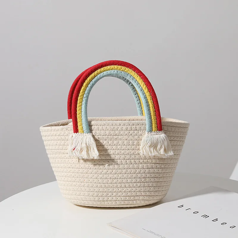 Lovely Rainbow Cloud Handbag Handmade Cotton Woven Bags Seaside Holiday Beach Bag Straw Weave Bag Kids Girls Fashion Accessories 5