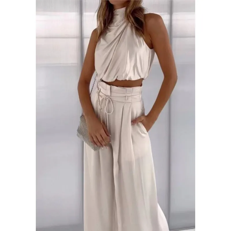 Women's Set 2023 Summer Casual Sleeveless Collar Open Navel Top Wide Leg Pants Set