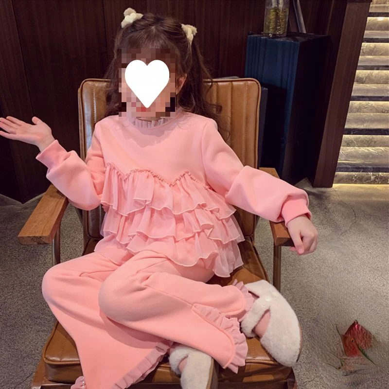 

Childrens Sets Girls Plush New Girl Flower Edge Hoodie Flared Pants Children Motion 2024 Round Collar Simple Soild