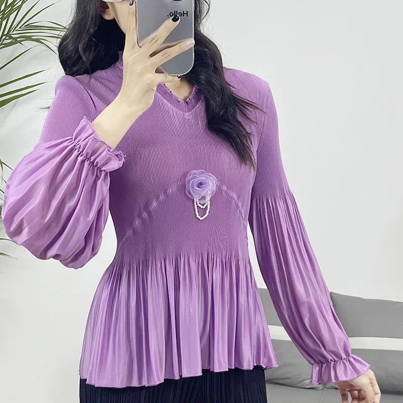 

2024 Spring New Miyake Pleated Casual Long-sleeved V-neck T-shirt Women's Bottoming Shirt Top Fat MM Loose Pleated Shirt