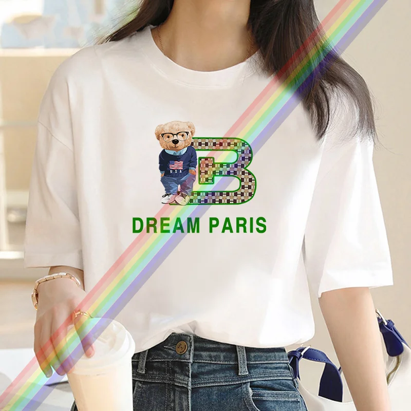 New fashion cartoon letter Bear print women's T-shirt street wear large casual Y2K cotton top summer women's short sleeve