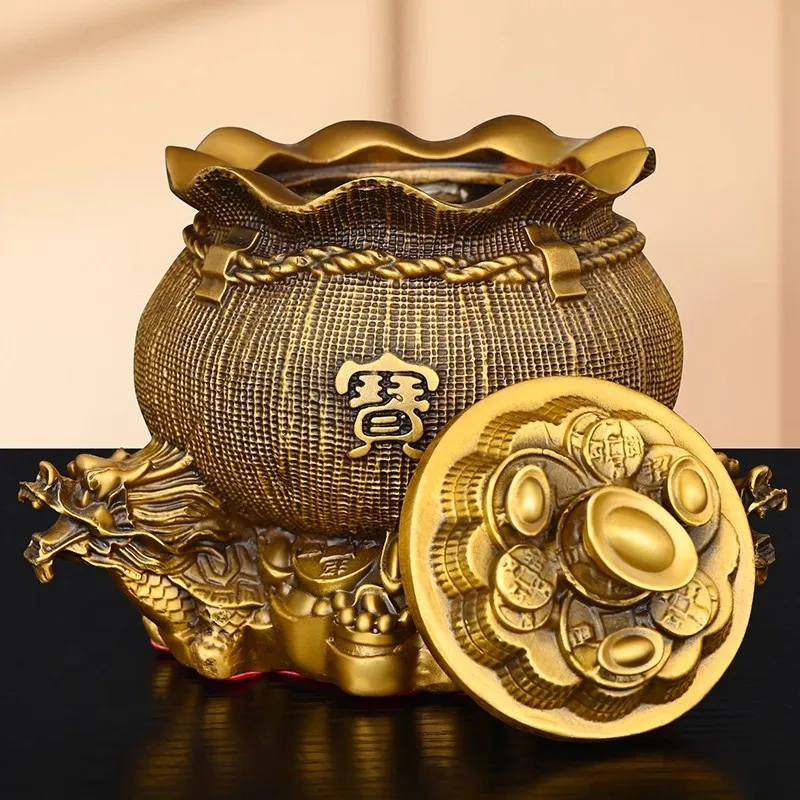 Chinese Brass Money Treasure Bag & Coin Bank, Dragon Head Lid Wealth Pot, Feng Shui Decor for Prosperity Luck, Home Desk Ornamen