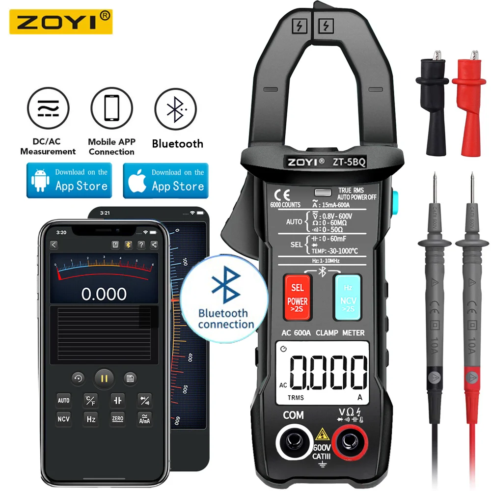 

ZOYI ZT-5BQ Digital Bluetooth Multimeter Clamp Meter 6000 Count True RMS DC/AC Voltage Tester AC Current Hz Capacitance Ohm