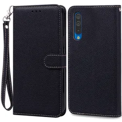 Premium Shockproof Leather Wallet Flip Case for Samsung Galaxy A70 - Soft Silicone Cover (Black -Strap)