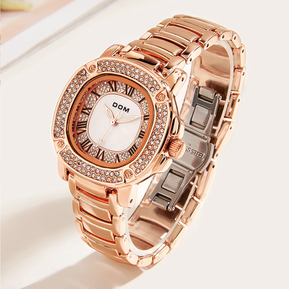 DOM watch light luxury watch retro fashion steel belt Full Diamond dial watch Quartz watch Waterproof Ladies Steel Strap G-1573