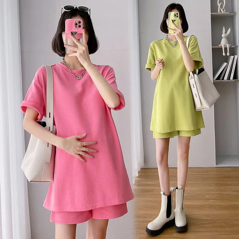 임산부 정장 캐주얼 반팔 + 반바지, 임산부 의류 정장, 솔리드 루즈 임산부 의류, 겉옷, 여름 패션