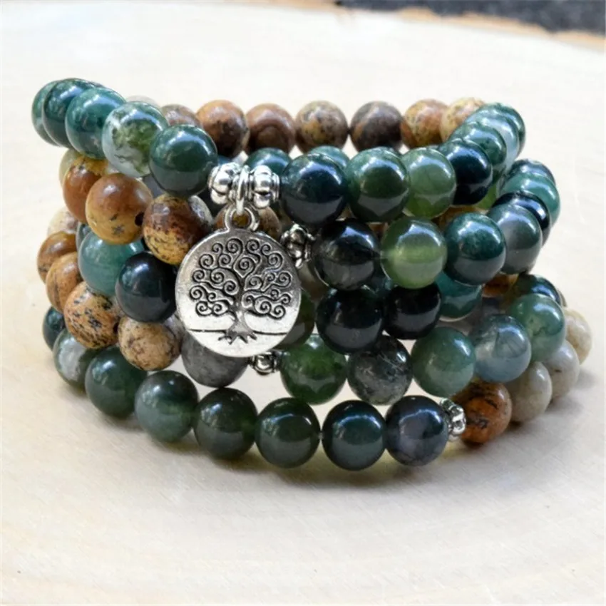 

8mm Indian Agate Picture stone 108 Beads Mala Bracelet Bodhi TeensMeditation Japa Wear Buddhist Beaded Men