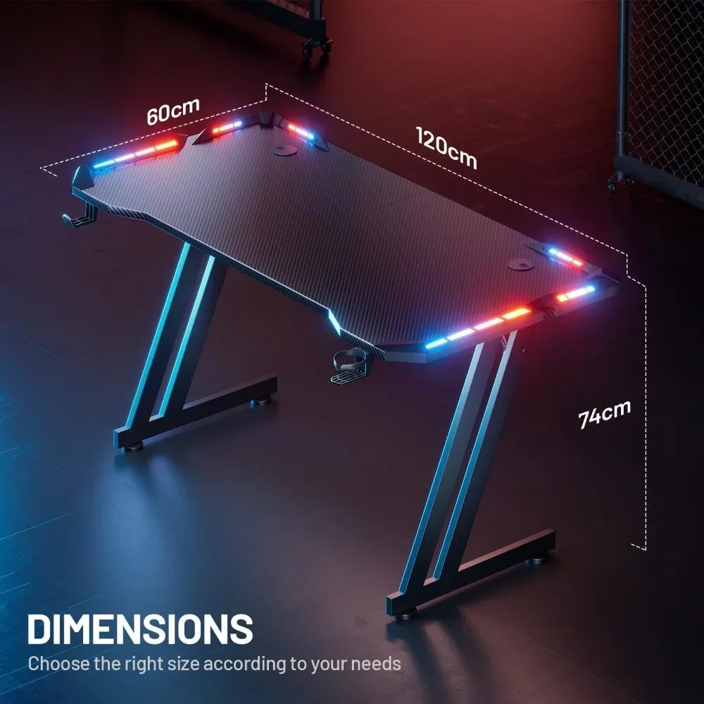 47 Inch Gaming Desk with LED Lights Carbon Fibre Surface Gaming Table Large Computer Desk Ergonomic Home Office Desks Z Shaped