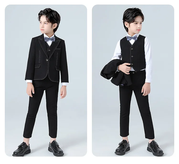 Kinder Junge Schwarz Blazer Weste Hose 4/5PCS Set 1-14Y Kinder Jungen Taufe Hochzeit Prom Anzug Junge Teenager junge Elegante Anzug Kostüm – Detail 5
