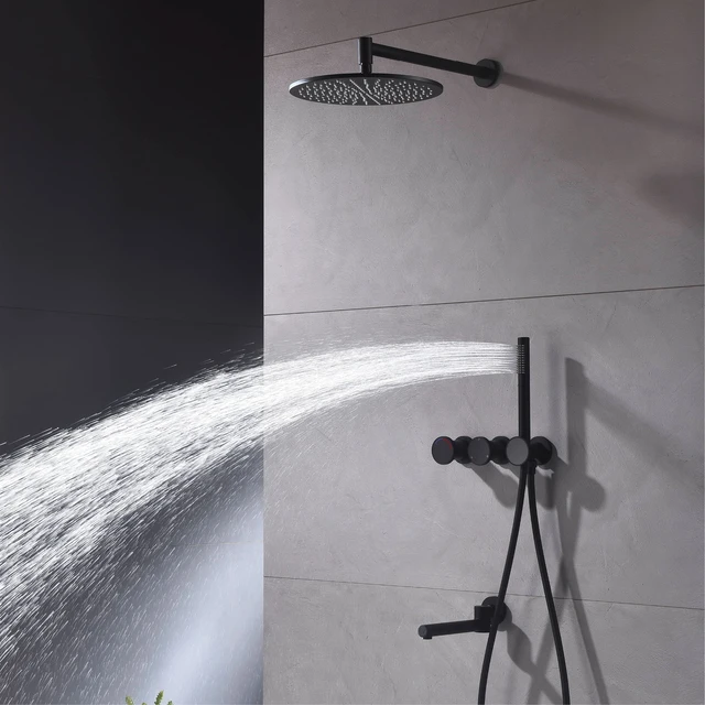 ระบบฝักบัวแบบติดผนังสีดำด้าน ทองเหลือง 3 ฟังก์ชั่น สไตล์มินิมอล น้ำร้อนน้ำเย็น ก๊อกน้ำอ่างอาบน้ำในห้องน้ำ 4