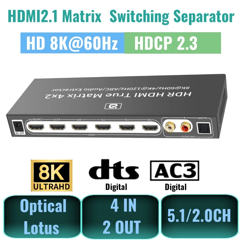 HDMI 2.1 매트릭스 4x2 4k @ 120hz 스위치 분배기, 돌비 Atmos PS5 XBOX DTS HD AC3 용 ...