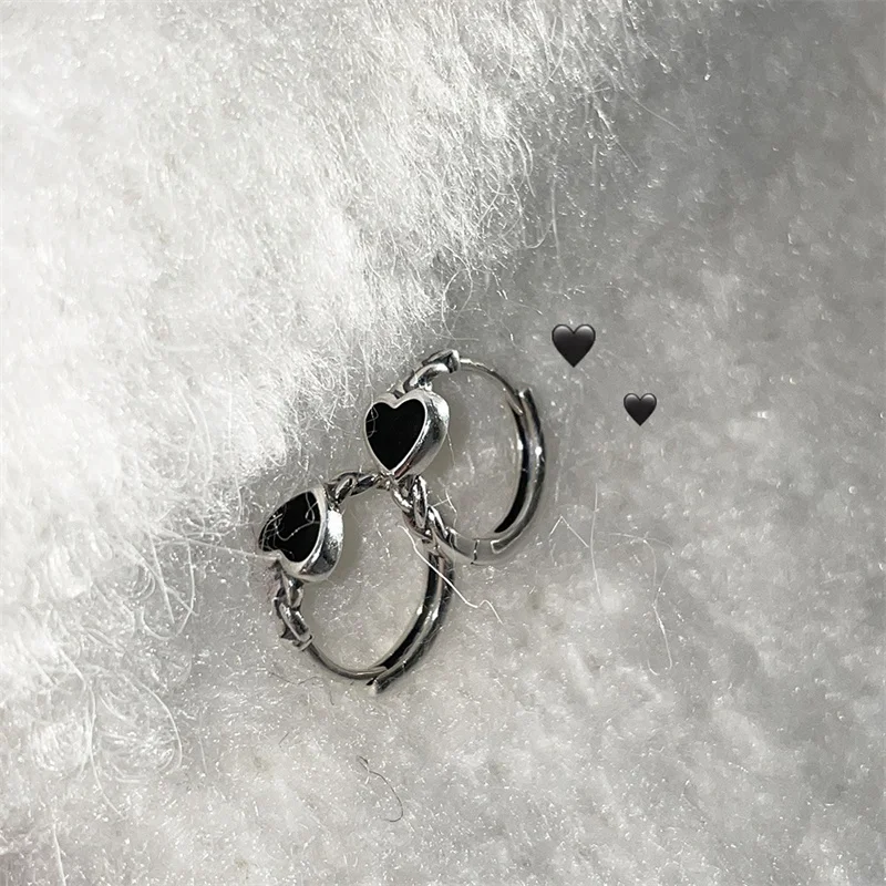 [HAESOOL] 韓国アクセ☆925silver☆Circular twist Earrings Korean Black Twisted Silver Color Hoops Earrings Love Heart