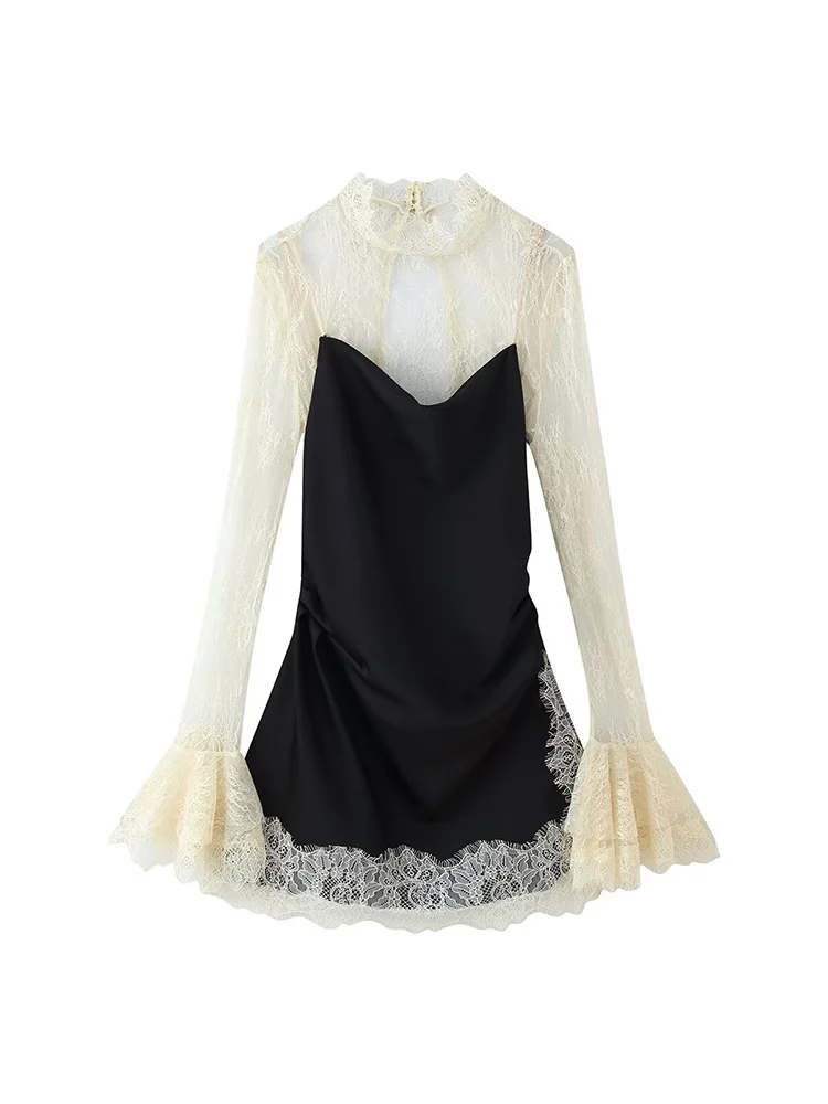 New Women Elegant Mini Dress Flared Full Sleeve Contrast Color Lace Patchwork Slim Mini Dresses Spring Lady Chic Streetwear