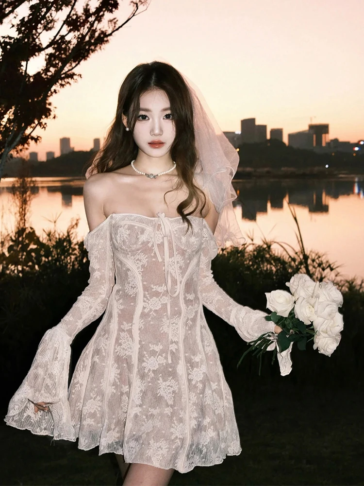 

Square Collar Lace Dress Ballet Style White Birthday Party Dress Fishbone Skirt