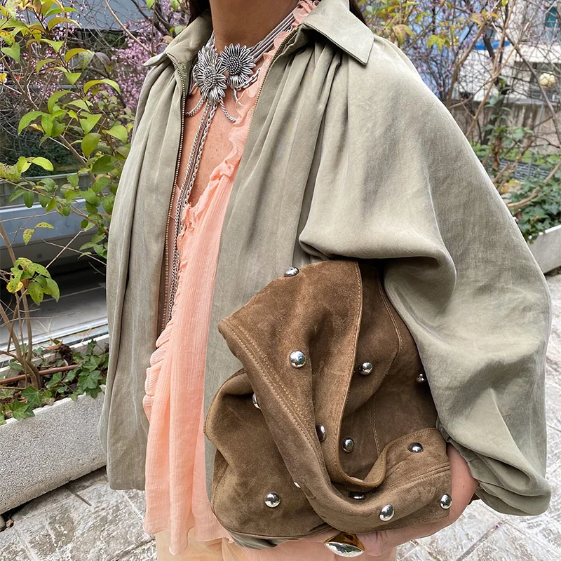 Description Picture 6 of itemStreet Loose Jackets Women Fashion Pleated Lapel Batwing Long Sleeve Female Coats 2025 Spring Summer Y2k Zipper Lady Outwears