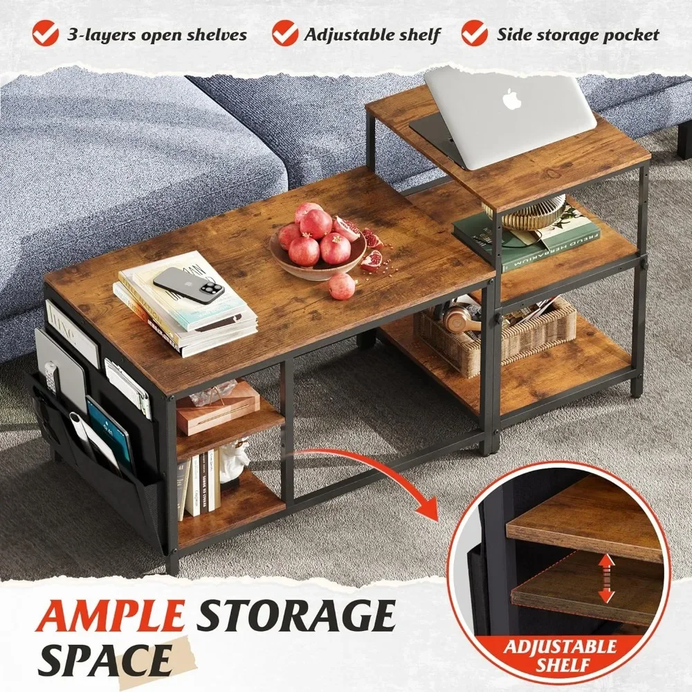 Coffee Table for Living Room,Adjustables Coffee Table Set of 2 with End Tables,Small Industrial Tables with Side