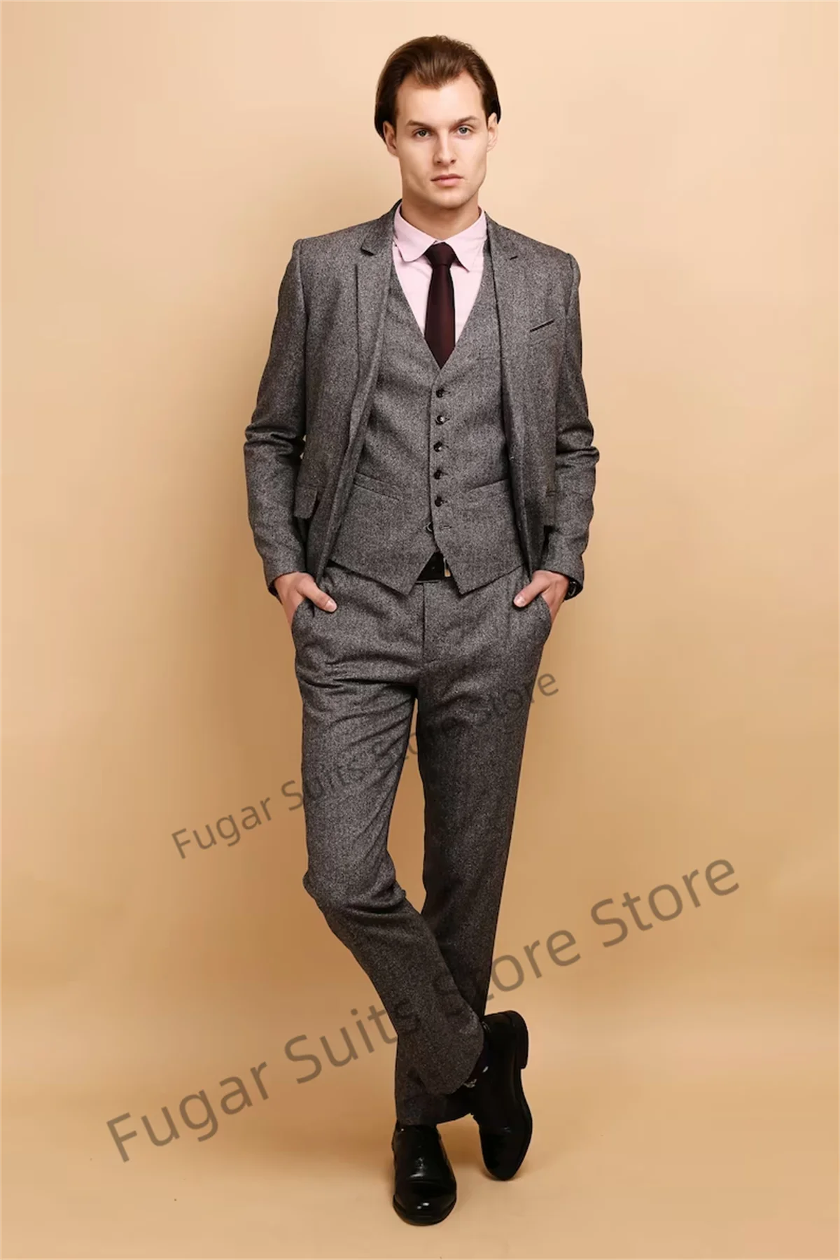 Vintage Classic Gray Wedding Men Suits Slim Fit Notched Lapel Groom Prom Tuxedos 3Pieces Sets Business Male Blazer Costume Homme