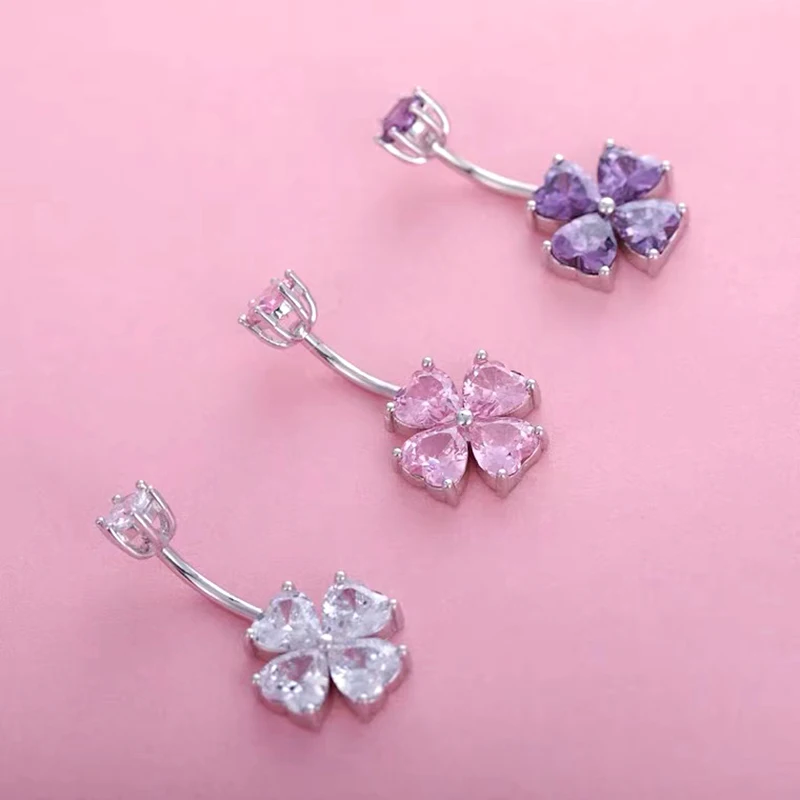 Navel Belly Button Piercing Decoration 925 Silver 100% Purple White Pink Zircon Four-Leaf Clover Bodys Jewelry Sexy Accessories