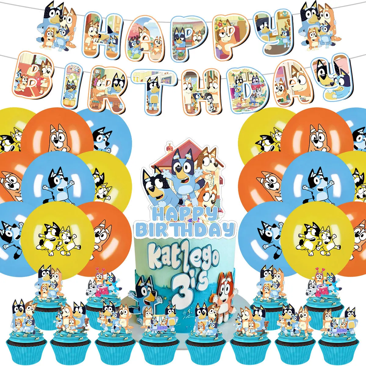 Bluey Themed Party Decoration Set Flag Pulling Cake Card Inserting Balloon Birthday Party Scene Decoration Supplies