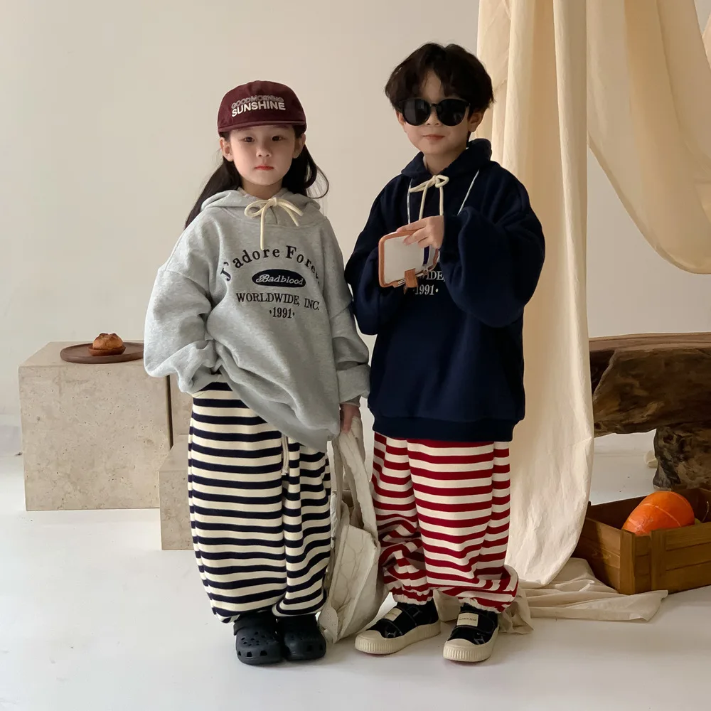 

Winter 2023 Young Children Boy Sweatpants Cotton Thicken Drawstring Kid Boy Trousers Loose Casual Striped Kids Boys Jogger Pants