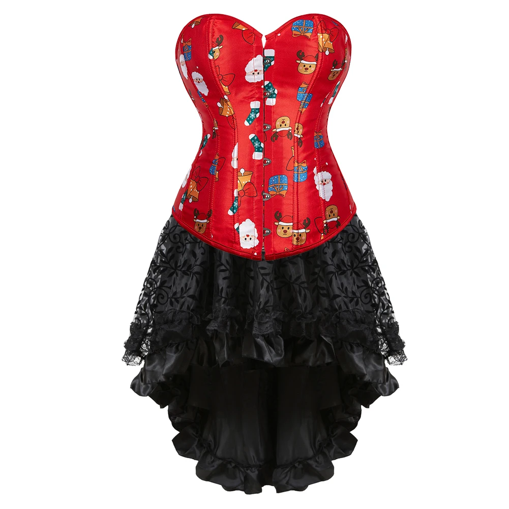 Christmas Corsets Dress for Women Santa Printing Bustier Top with Skirt Plus Size Burlesque Party Costume Fancy Rave Outfits