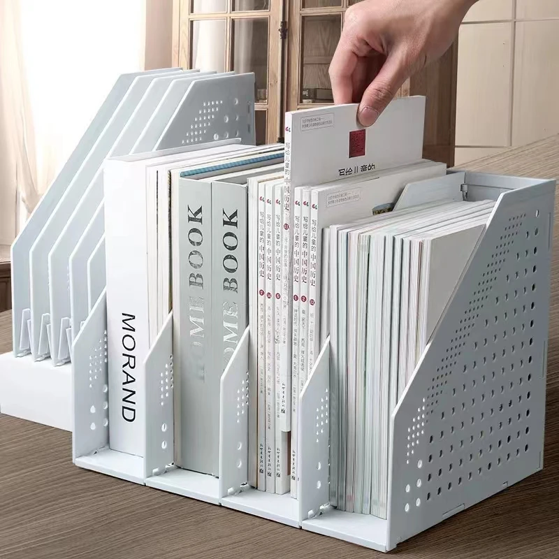 

4 Grid Plastic Gray Folder Storage Box Vertical Book Organiser Bookshelf Office Supplies Books File Basket Desktop Stand Rack