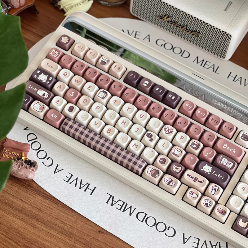 Teclado Mecânico Bonito Keycap Meow Keycap Coffee Color Perfil Moa Pbt Keycap para mx Switch Jogo Faça Você Mesmo Presente Personalizado 141 Keys Set - Imagem 4