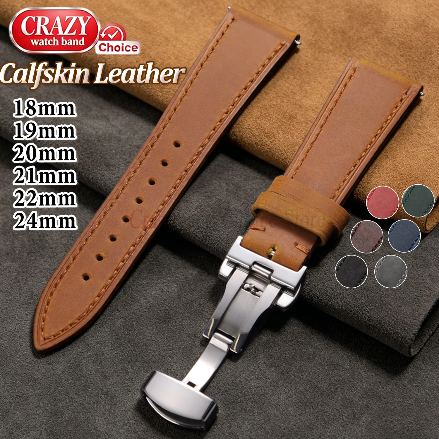 Elegant Brown Calfskin Leather Watch Strap with Butterfly Buckle