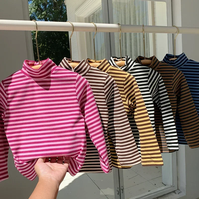 2-10T Toddler Kid Tshirt Baby Boy Girl Clothes Autumn Winter High Collar Cotton Infant T Shirt Striped Basic Tee Top Outfit 2