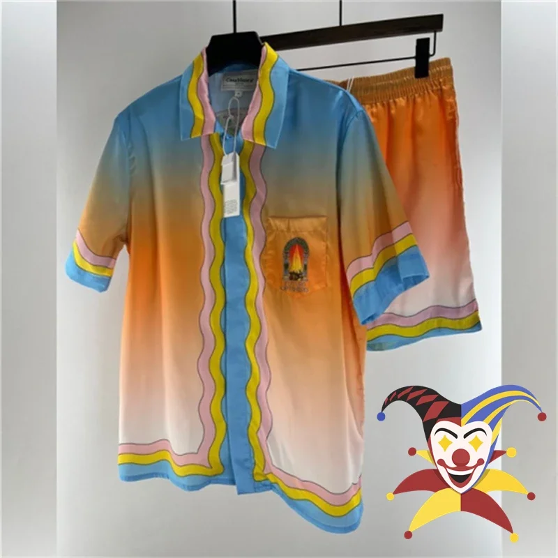 

Real Silk Casablanca Shirts Gradient Short Sleeve Causal Hawaiian Shirt Men Women