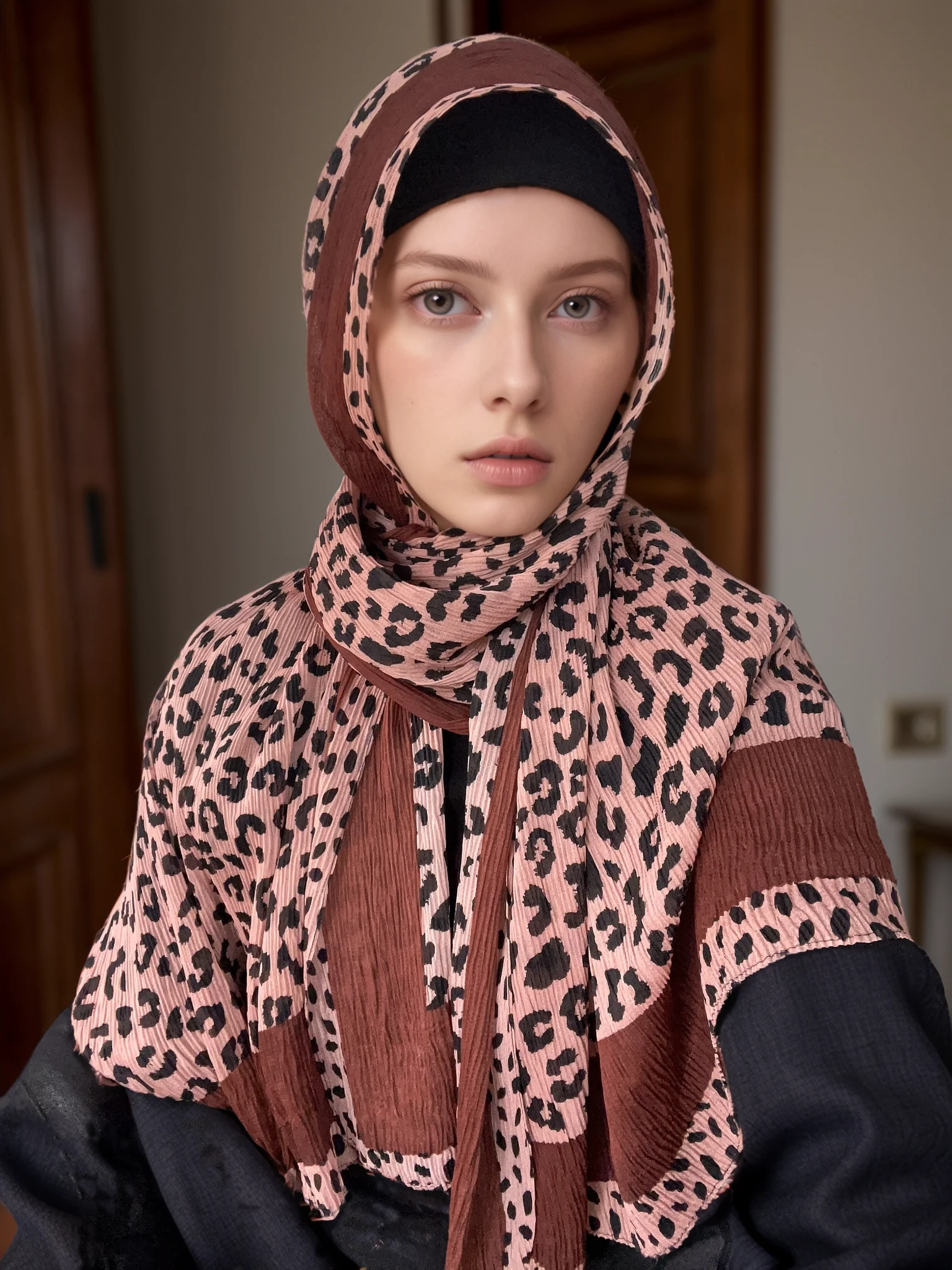 New Soft Pleated Cotton Scarf Leopard Print Hijab Islamic Solid