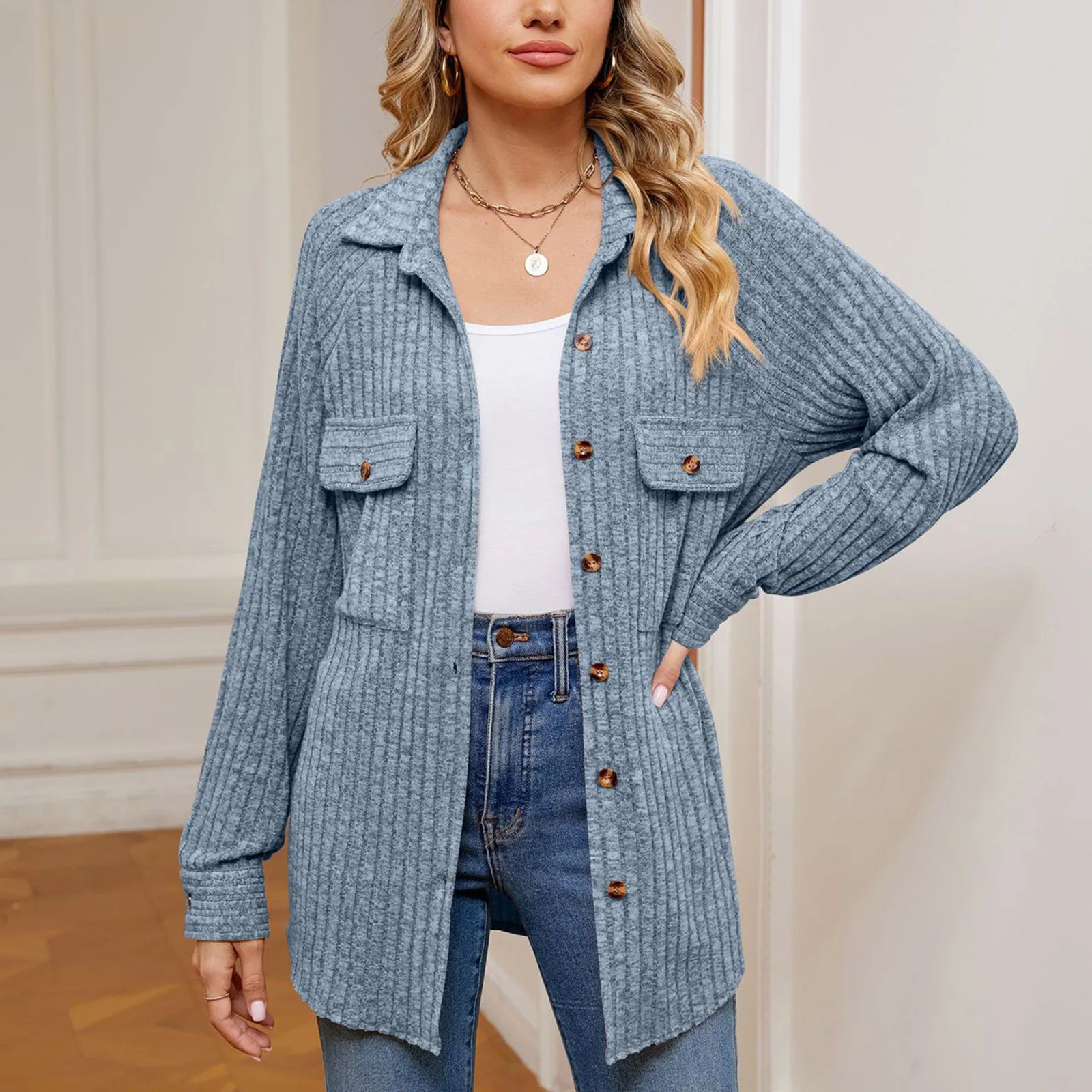

Women's Casual Stand Collar Solid Color Long Sleeve T Shirt Cardigan With Pocket For Autumn And Winter Seasons Casual Women Tops