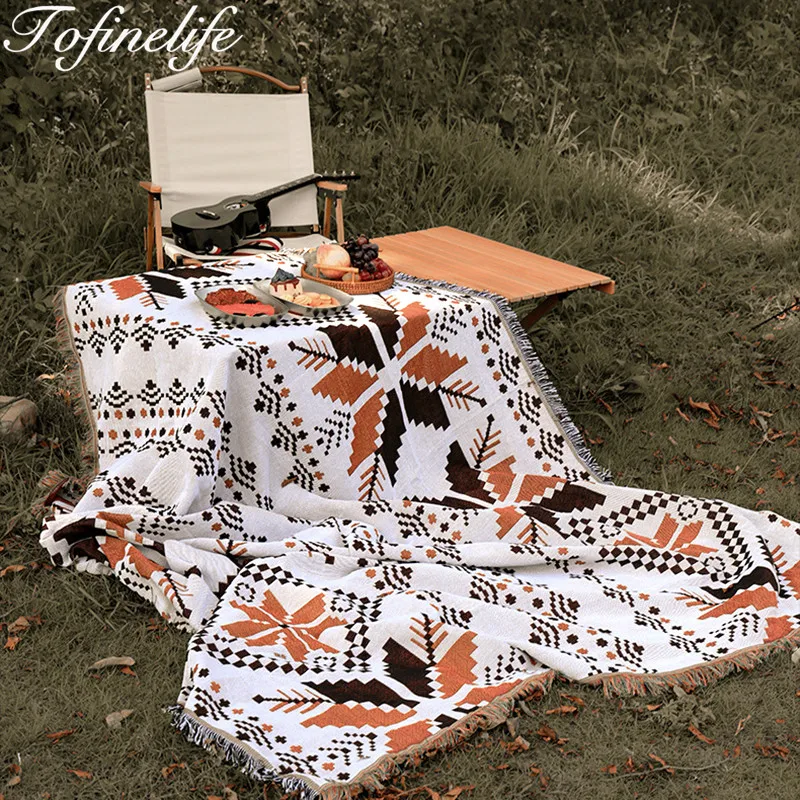 Bohemian Ethnic Picnic Blanket With Tassel Throw Sofa Blankets For Bed