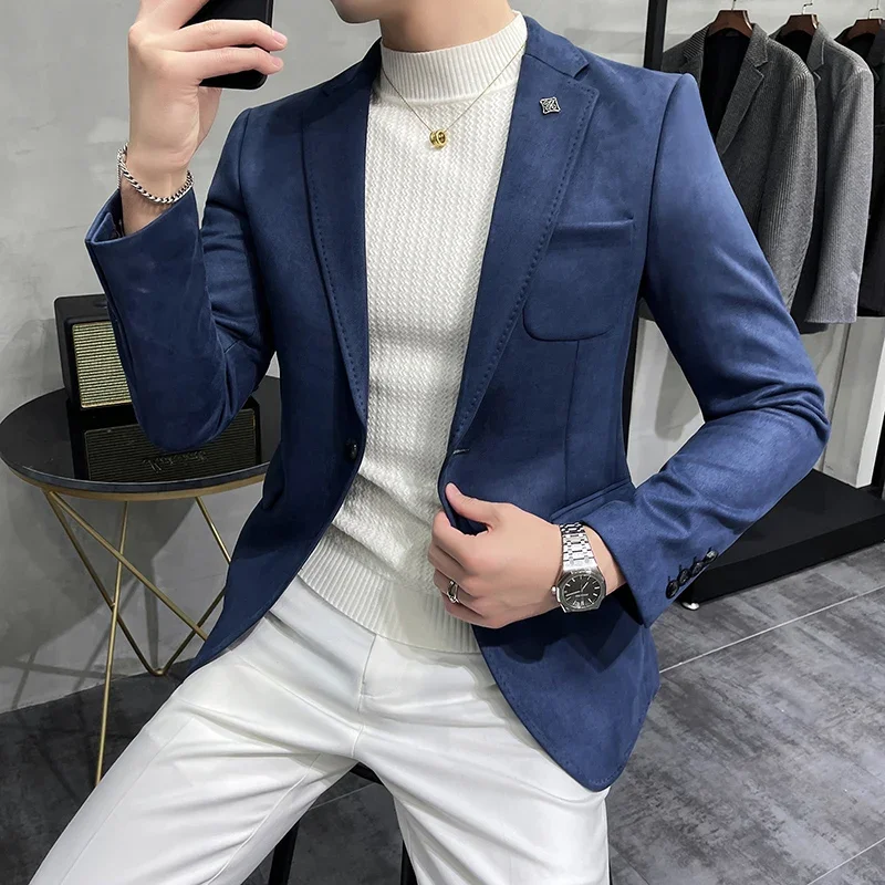 Men Suits Jackets Autumn Suede Velvet Suit Jacket 6 Color Business Slim Fit Blazers Casual Prom Party Clothing