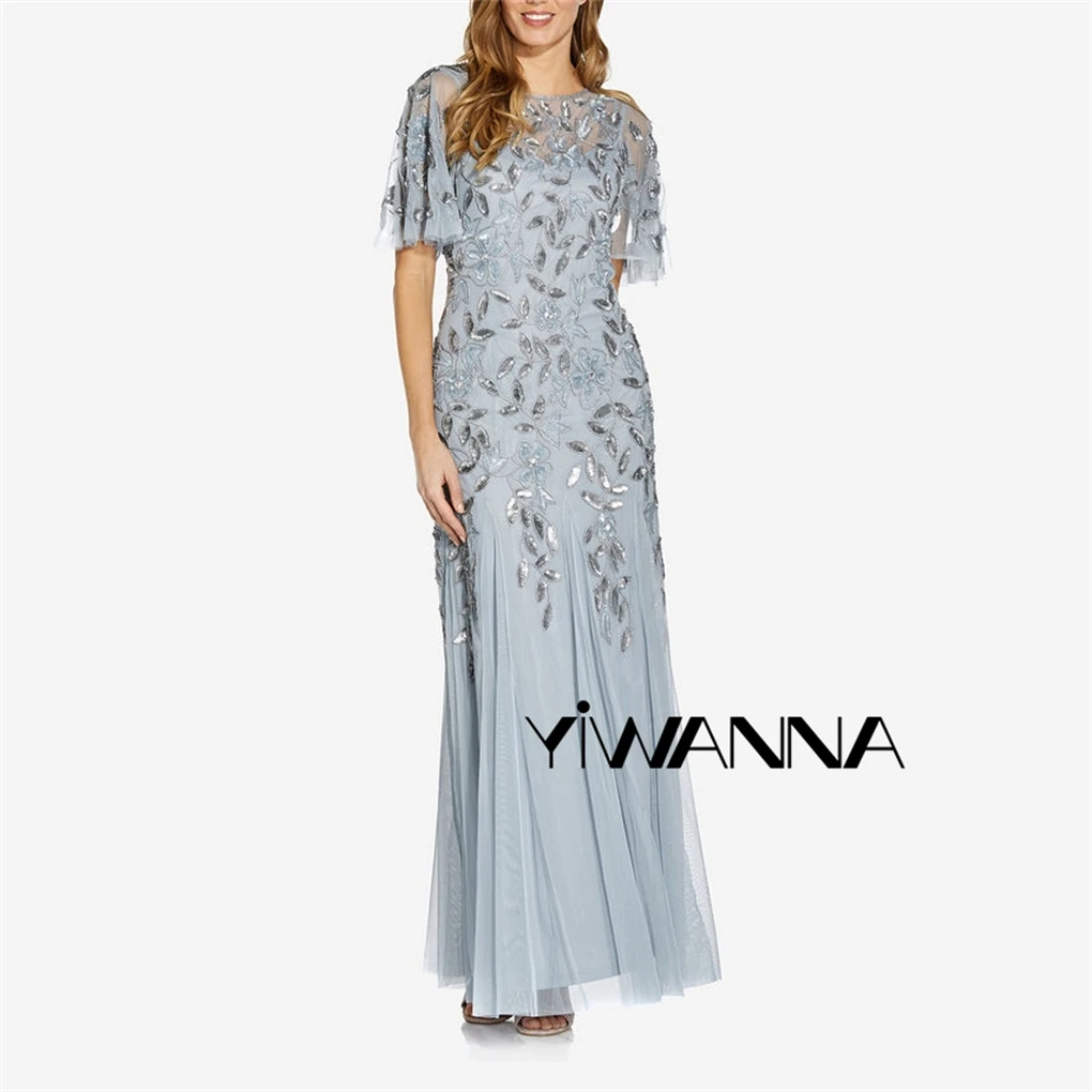 

Long Floral Beaded Gown With Flutter Sleeves Mother Of The Bride Dresses Sheath Wedding Party Dress Robes Invitée Mariage