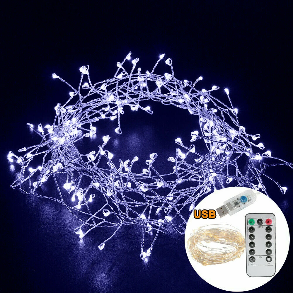 Guirnalda de luces LED de alambre plateado para exteriores, 3/5 m, 200 LED, para cafetería, bar, boda, fiesta, Navidad, decoración del hogar