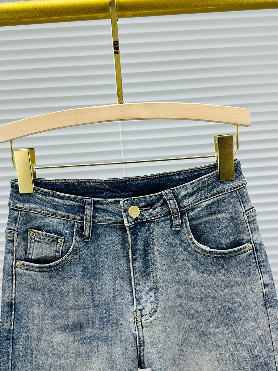 Embroidered Rhinestone Straight Jeans Women 2024 Spring Summer New Fashion High Waist Slim-Fit Smoke Tube Cropped Pants Lady