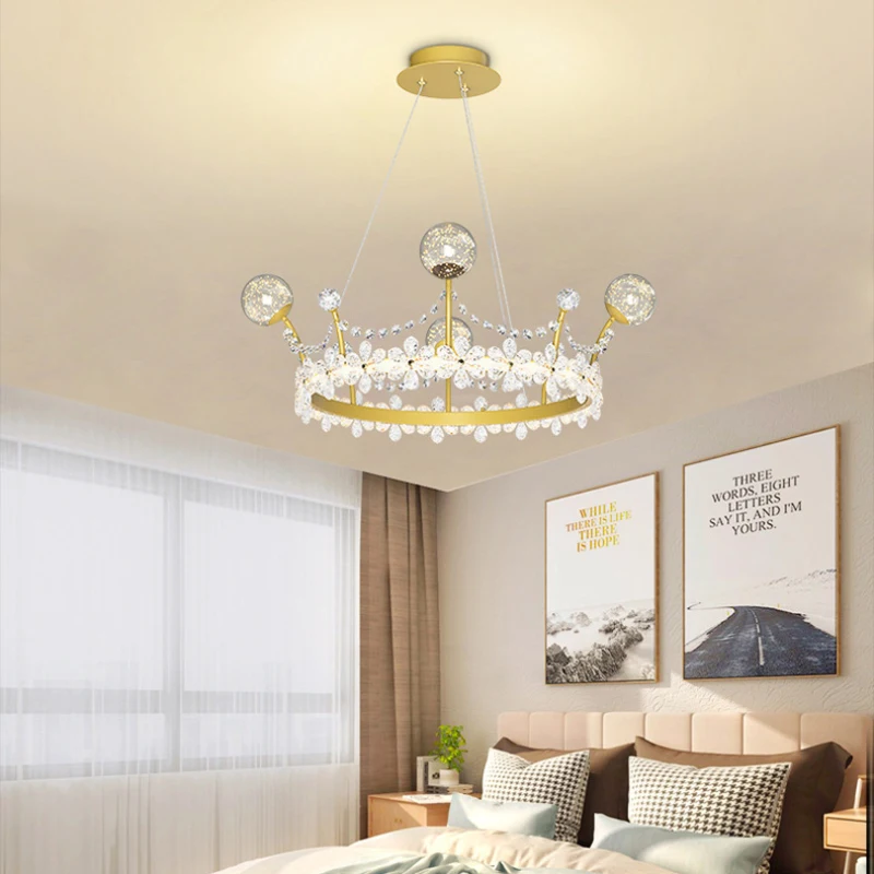Crystal Crown Chandeliers Boys Girls Bedroom Hanging Lights Modern