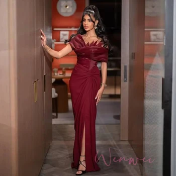 Burgundy Mermaid Evening Formal Dresses Long High Slit Off Shoulder Ruched Customized Jersey Saudi Arabic Prom Gown Outfit