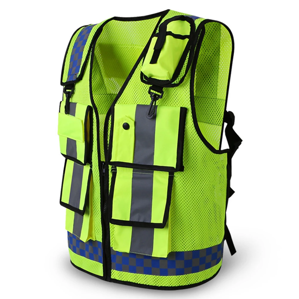 

Sport Adjustable Cycling Working Safety Vest Device Traffic Front Zipper Multi Pockets With Reflective Strips High Visibility