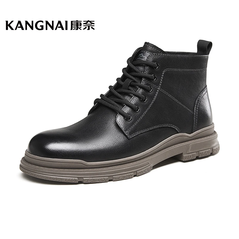 

Kangnai Boots Men Shoes Genuine Leather Lace-Up Side Zipper Ankle Boots High Top Platform Flats Outdoor Male Work Boots