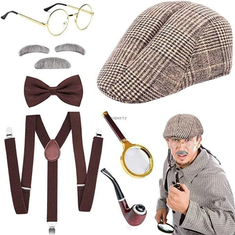 1920s Men Fancy Dress Costume Set Detective Accessories with Hat Adult For Halloween