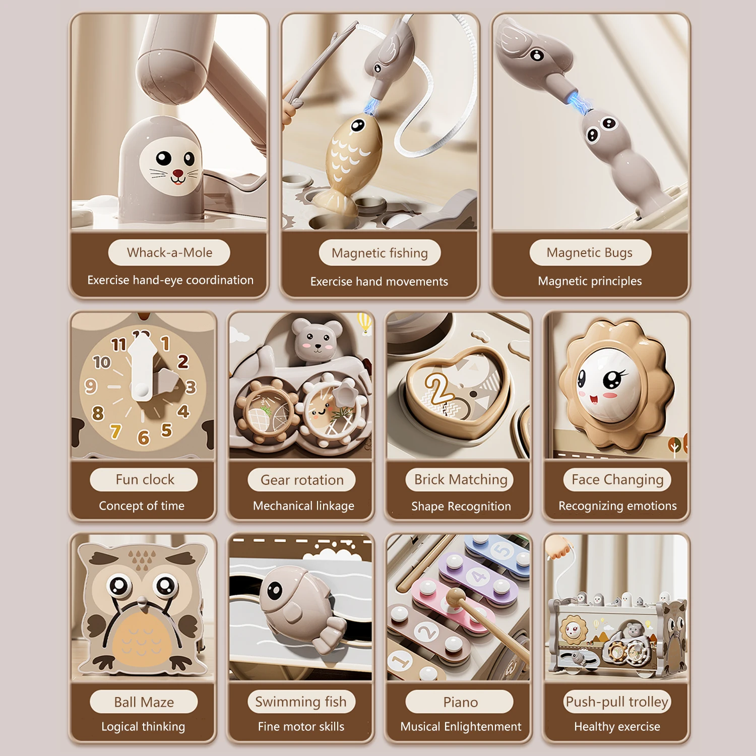 Montessori Sensory Busy Board – Magnetic Fishing, Mole Game, Numbers & Xylophone Learning Toy for Toddlers 2