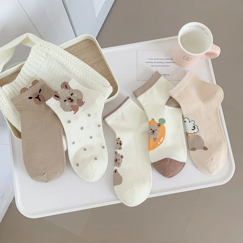 Description Picture 2 of item5 Pairs Bear Socks Cotton Capybara Socks Breathable Soft Japanese Casual Socks Summer Thin Coffee Cartoon Mid-tube Socks Women